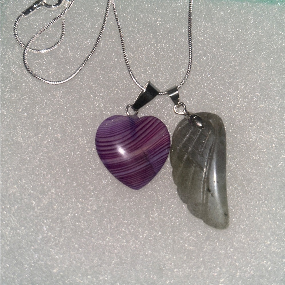 Gothic Rainbow Moonstone Angel Wing and Purple Agate Heart Silver Necklace 16”